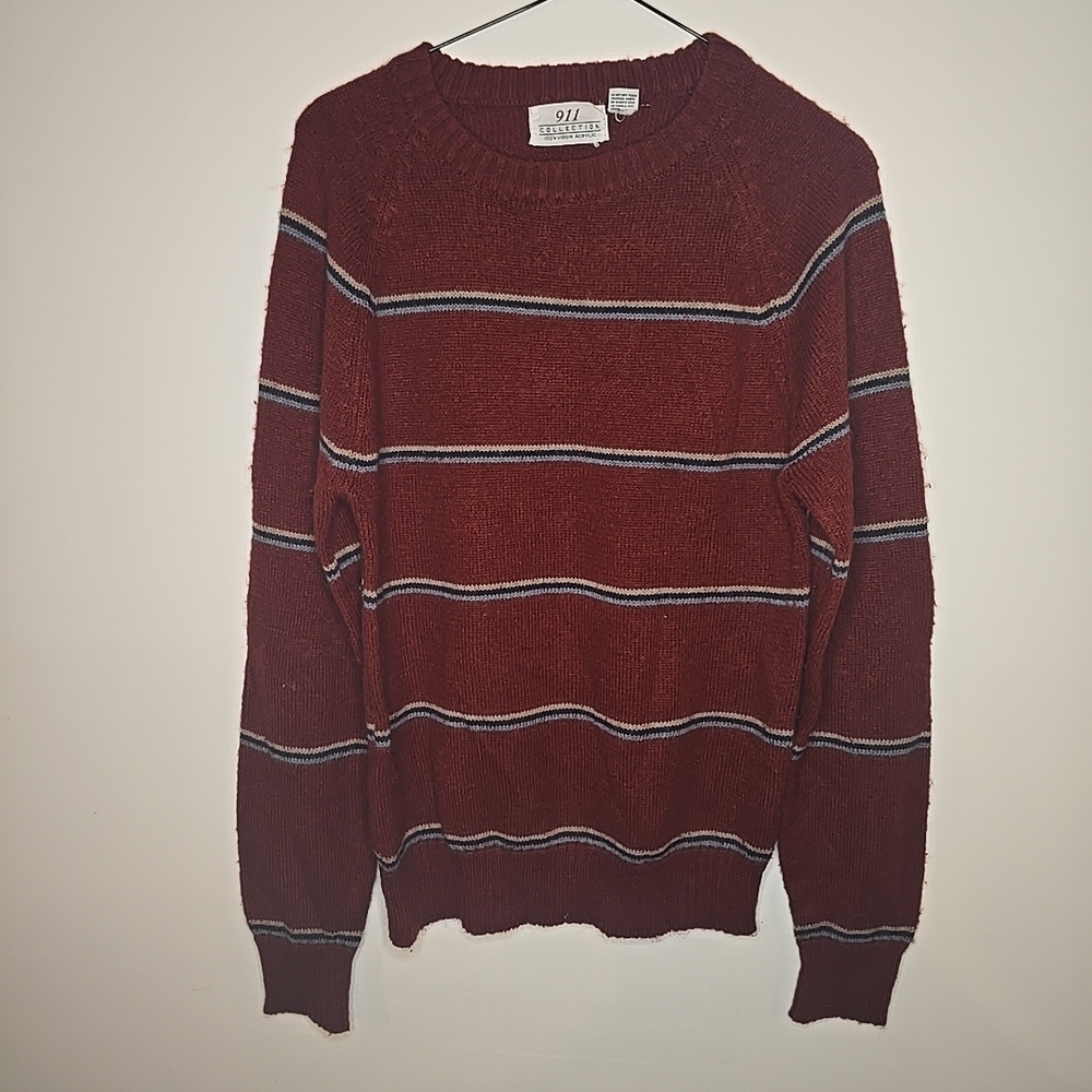911 Collection 100% Virgin Acrylic Red With Stripes Long Sleeve Pullover